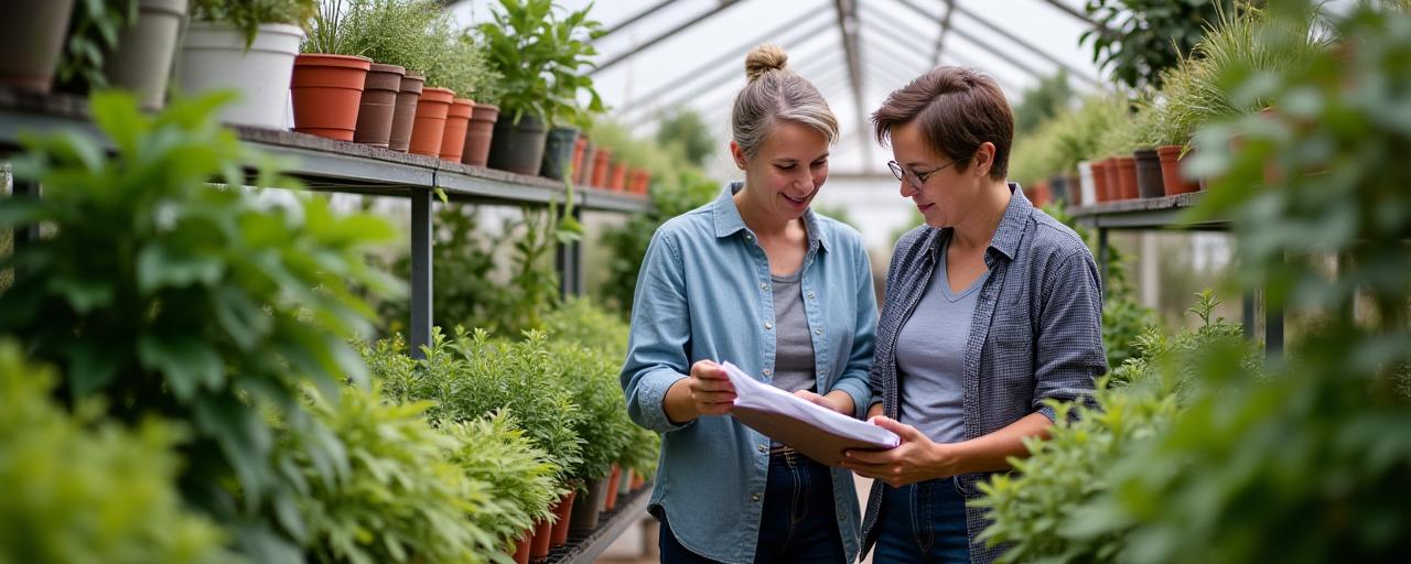 Deux personnes discutant de plans de jardinage au milieu d'une pépinière.