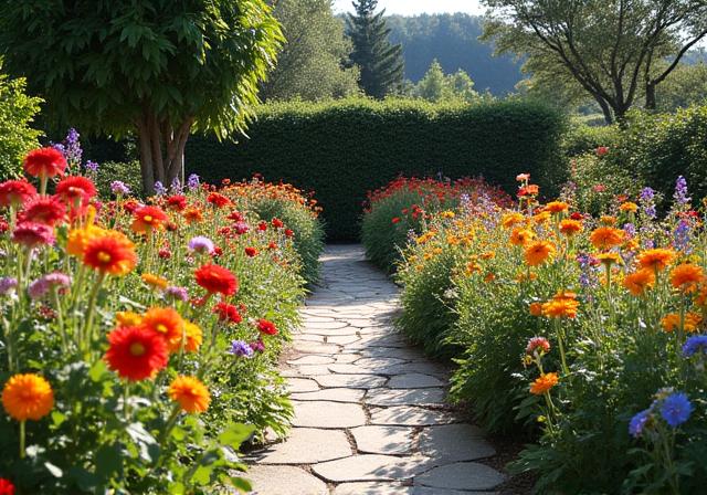 Un jardin de campagne luxuriant avec des parterres de fleurs colorés et un sentier en pierre.