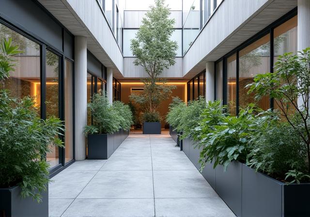Un jardin de cour moderne et minimaliste avec des plantes en pots et un éclairage subtil.