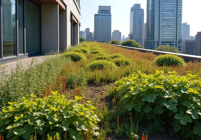 Une toiture végétalisée sur un bâtiment moderne avec des sedums et autres plantes résistantes.