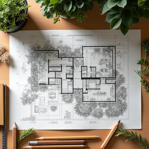Un plan de conception de jardin détaillé posé sur une table en bois avec des outils de dessin.